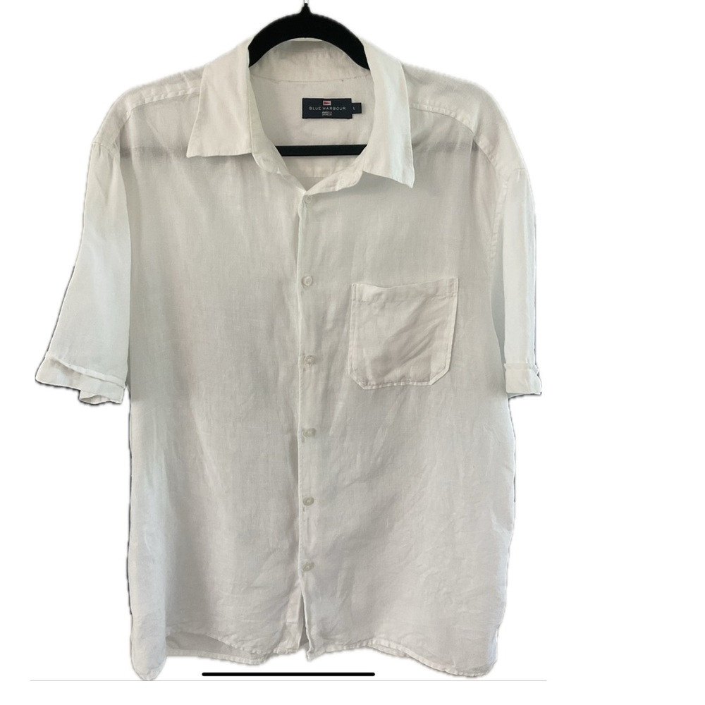 M&S Blue Harbour White 100% Linen Casual Button Down Shirt with pocket .